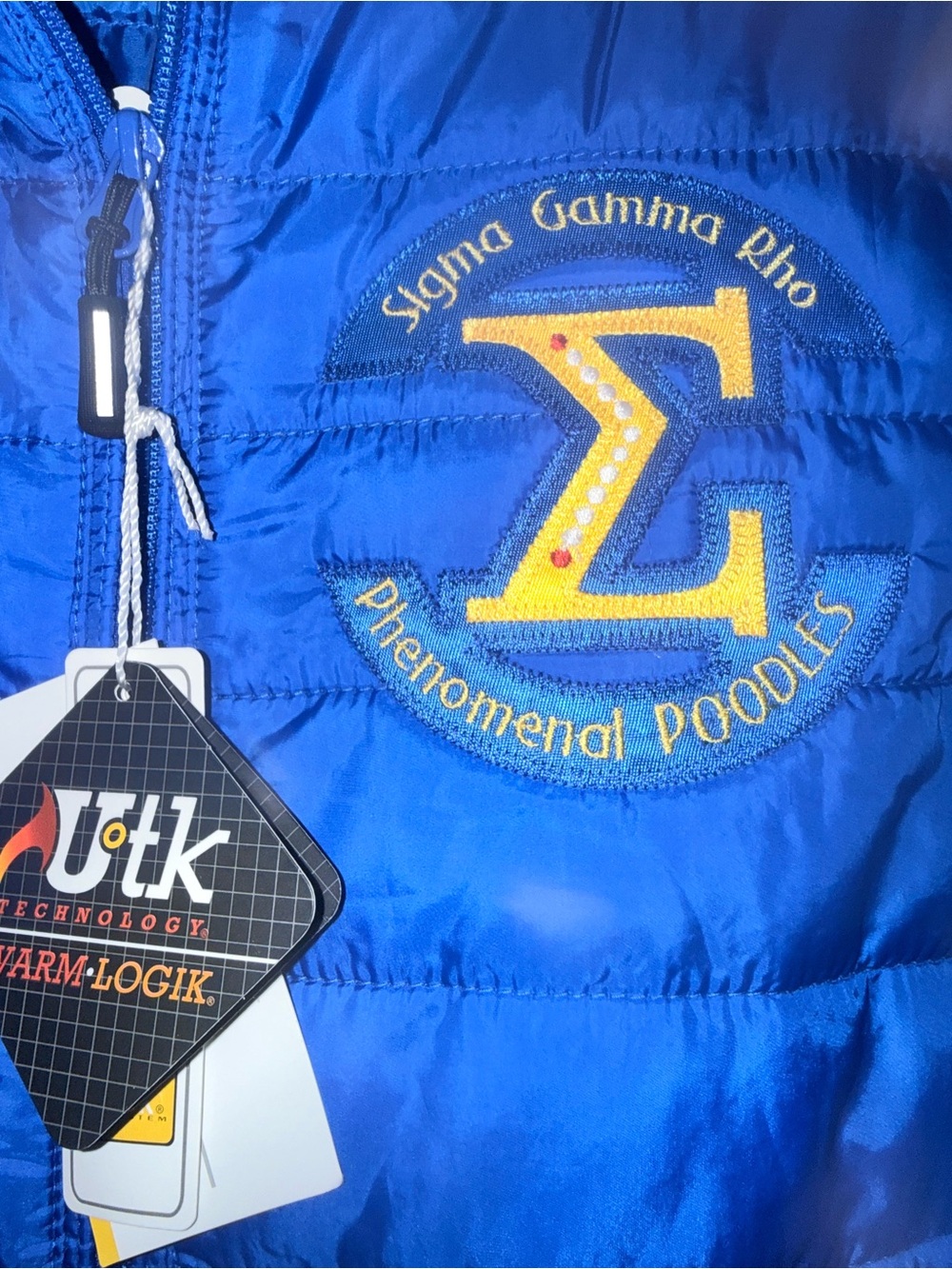 U•tk 💙💛 SIGMA GAMMA RHO💙💛Women's Royal Blue Puffer Vest with Sorority Crest